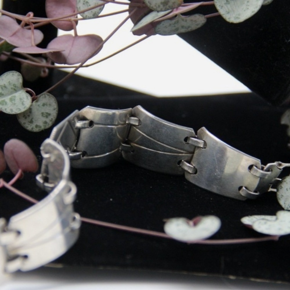 Vintage Silver Coin Panel Link Bracelet Modernist Articulated‎ Brutalist 20mm
